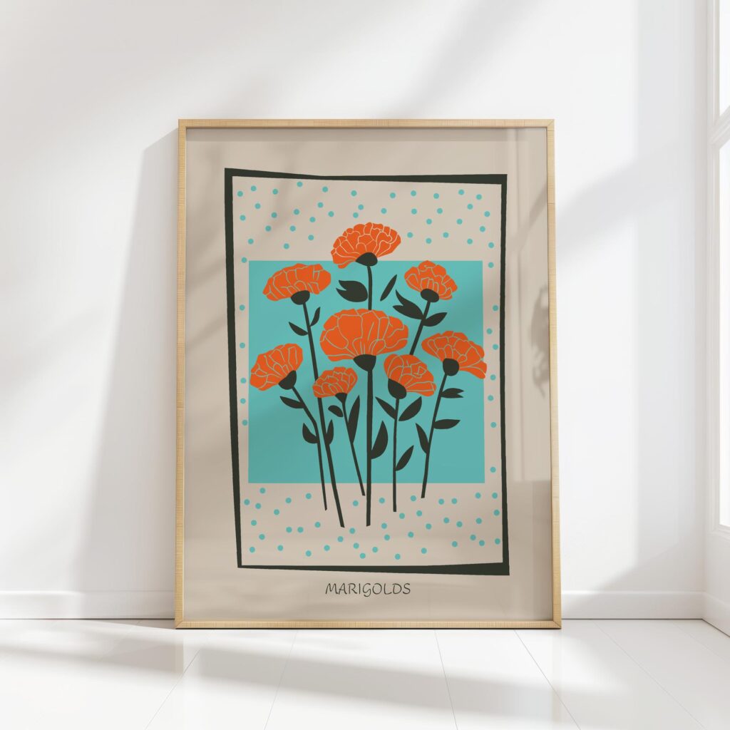 marigold flowers mid century print with retro feel