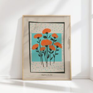 marigold flowers mid century print with retro feel