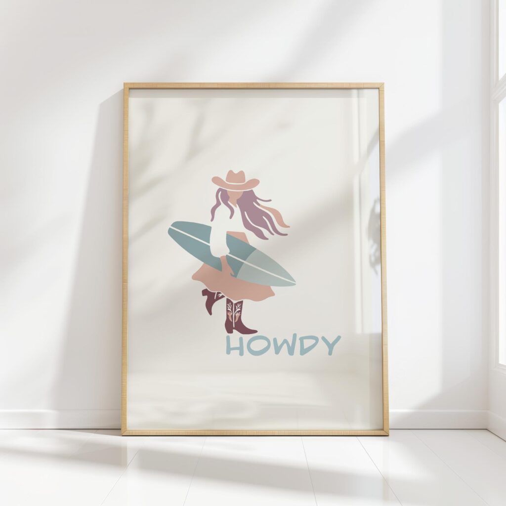 minimalist cowgirl howdy surfing surf poster high quality print