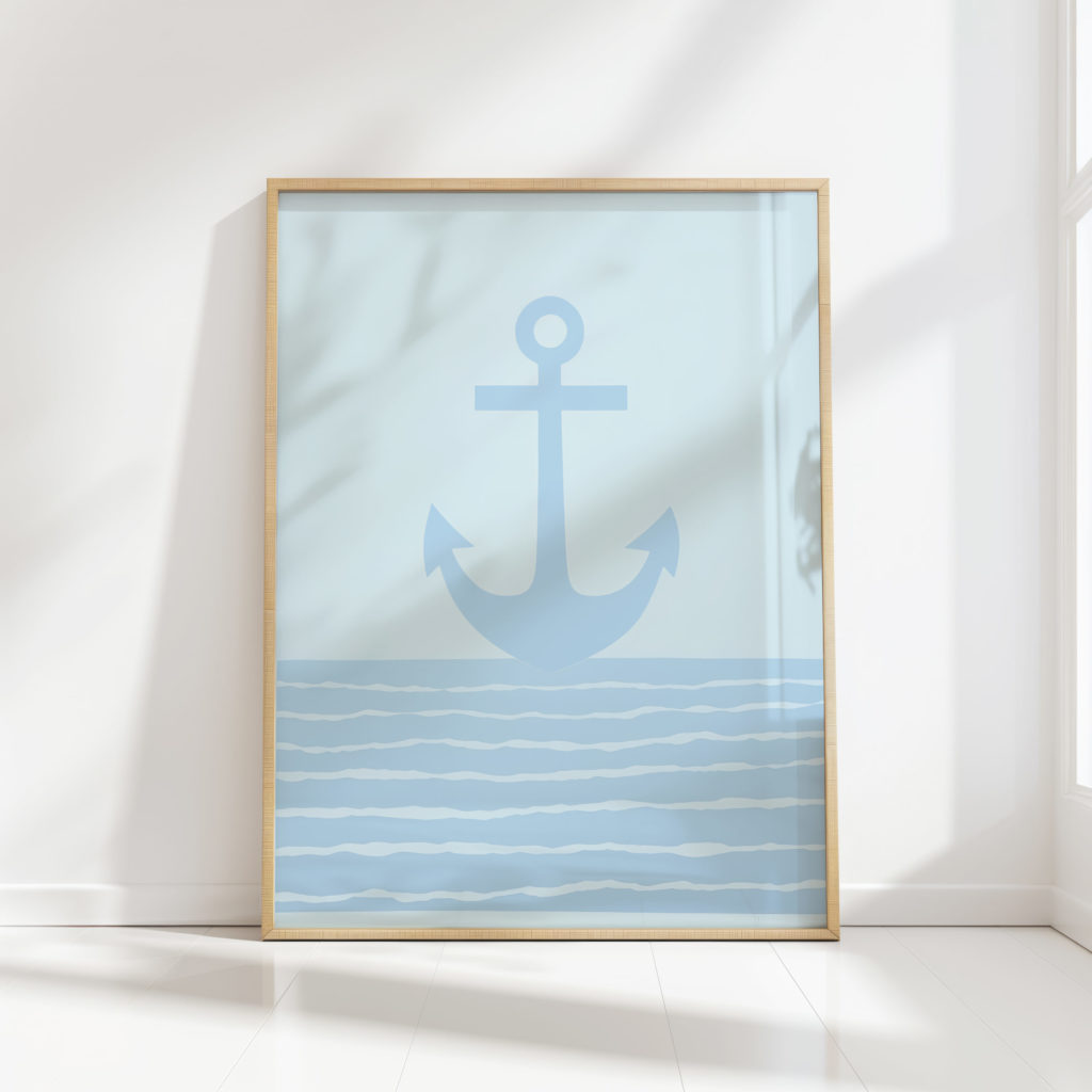 nautical anchor art print in serene blue tones
