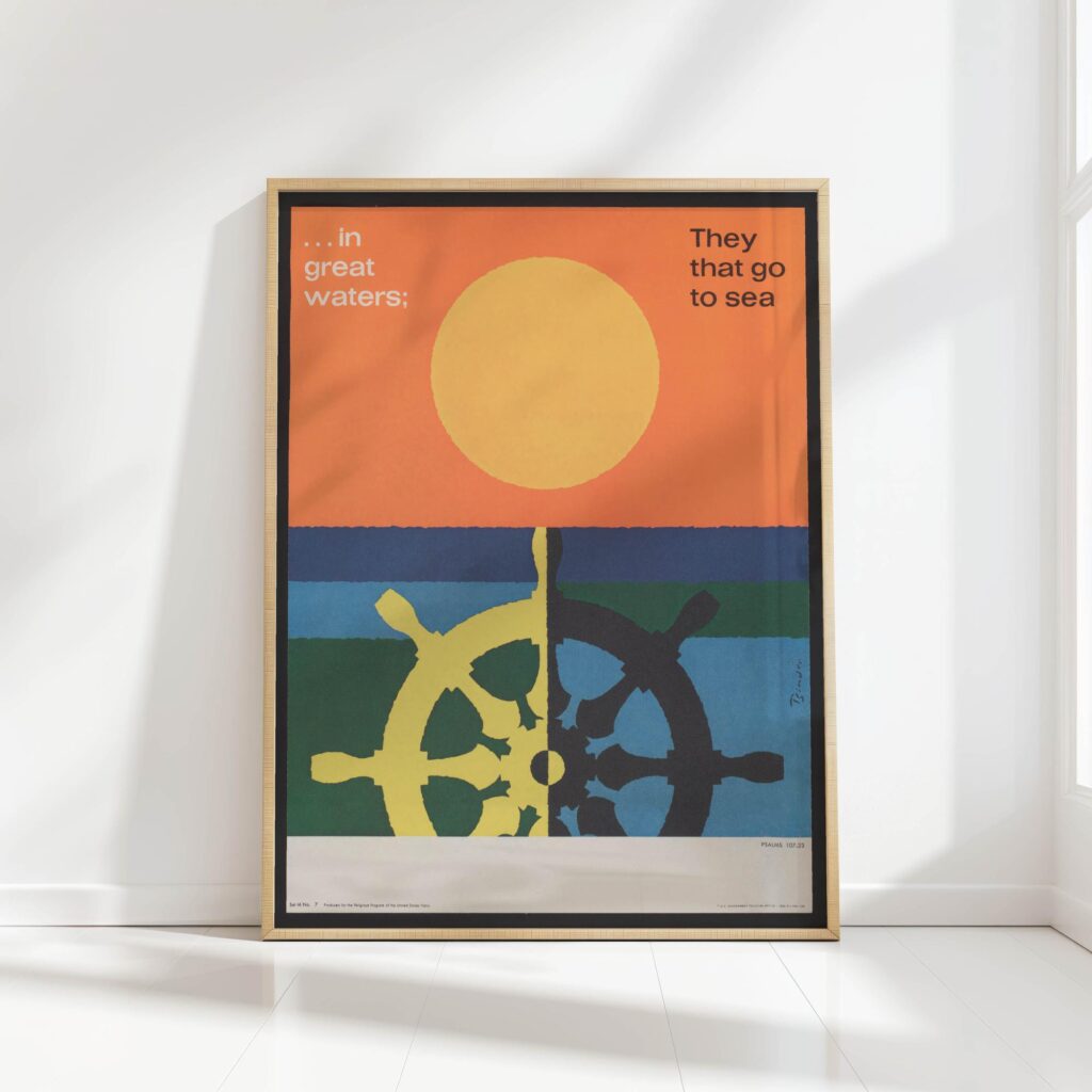 nautical steering wheel sunset ocean art print