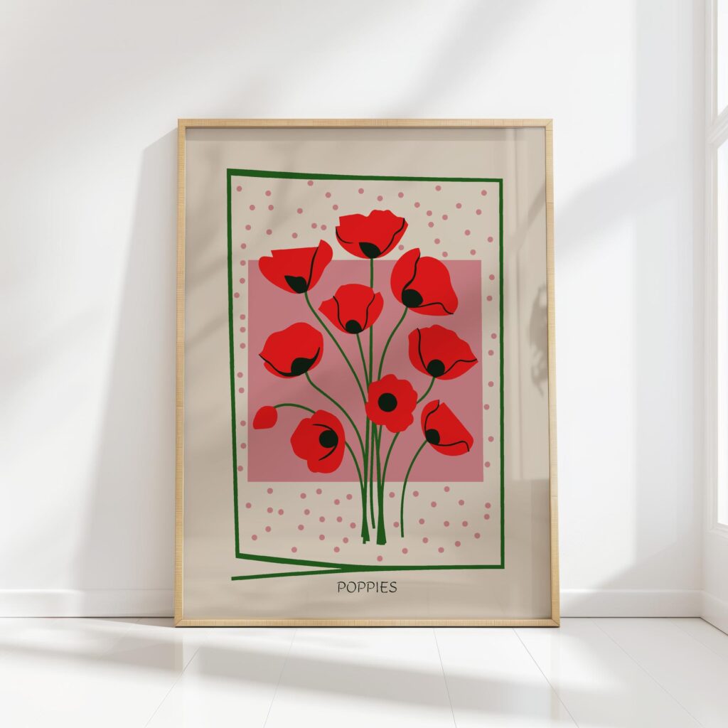 red poppies mid century print vibrant floral