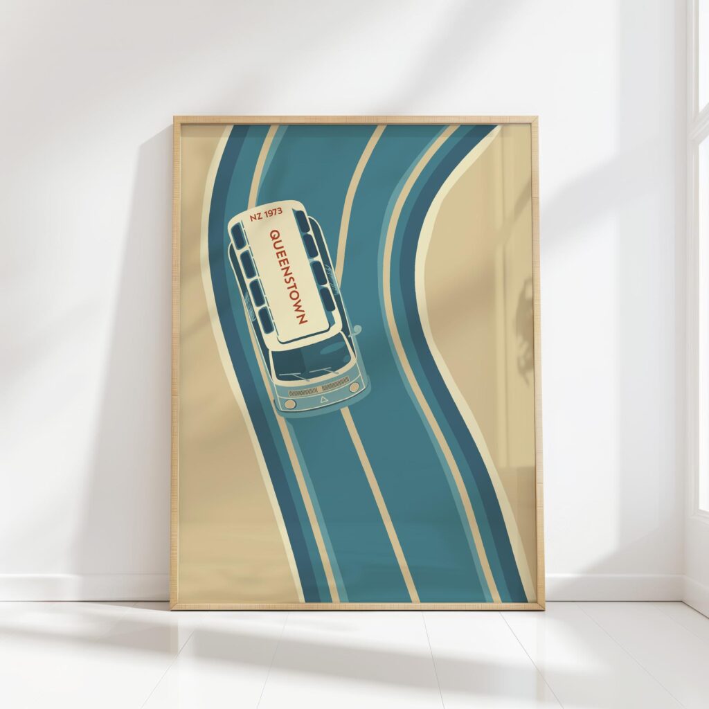 retro bus mid century print pastel tones artwork