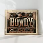 rustic western howdy print with cowboy hat revolver