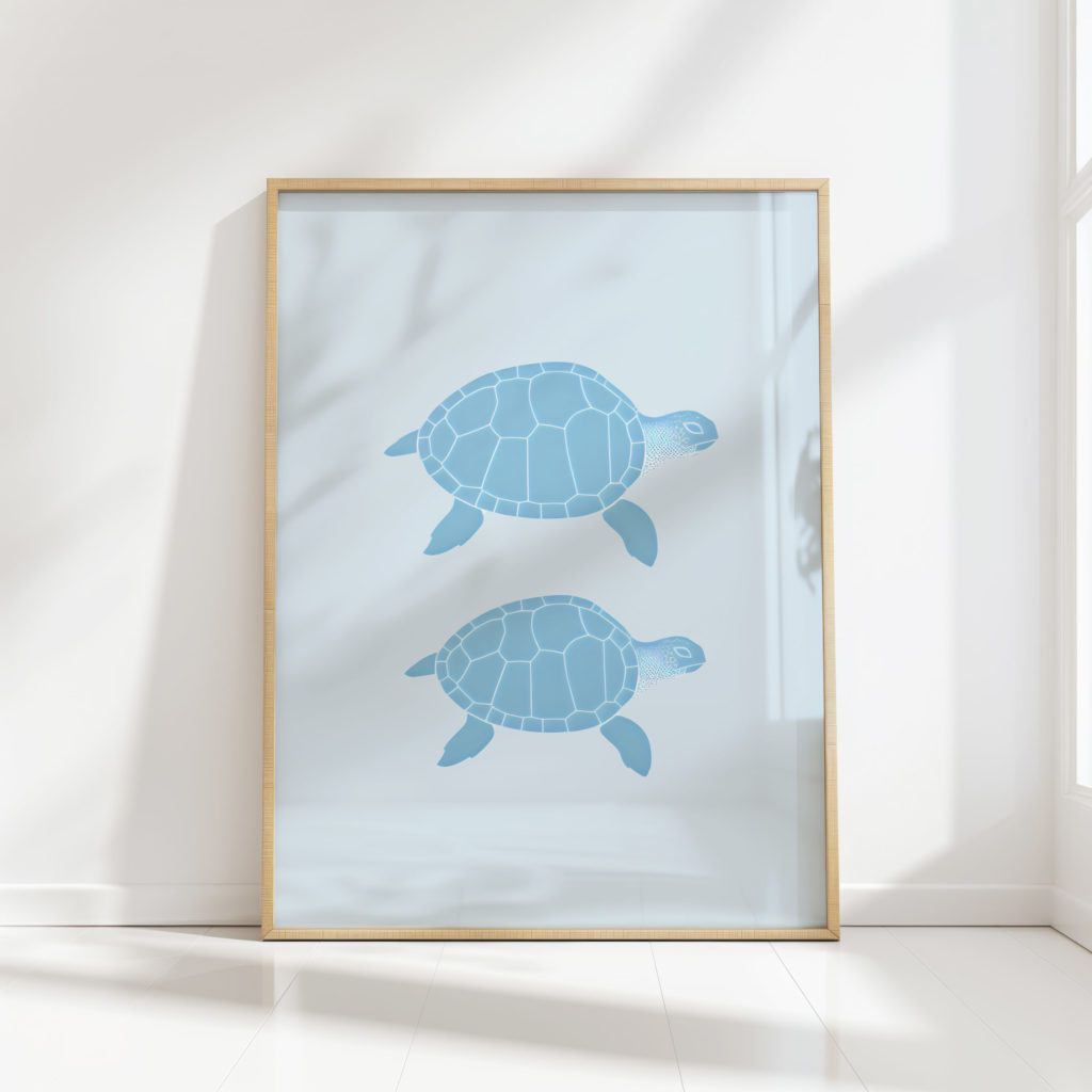 sea turtle duo oceanic blue art print for wall decor
