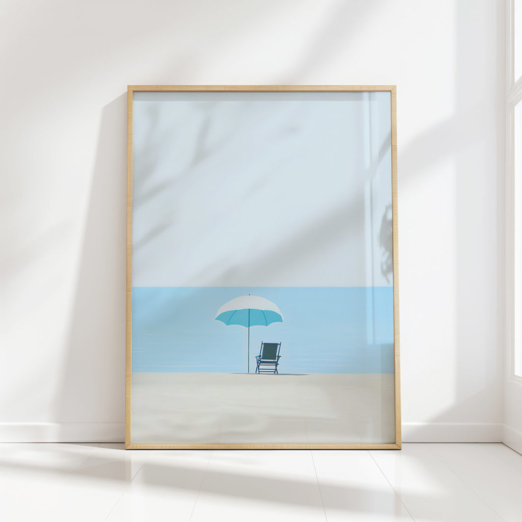 serene beach umbrella chair coastal scene print