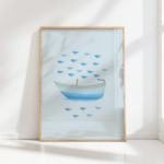 serene blue boat and fish artistic wall print