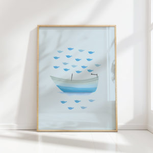serene blue boat and fish artistic wall print