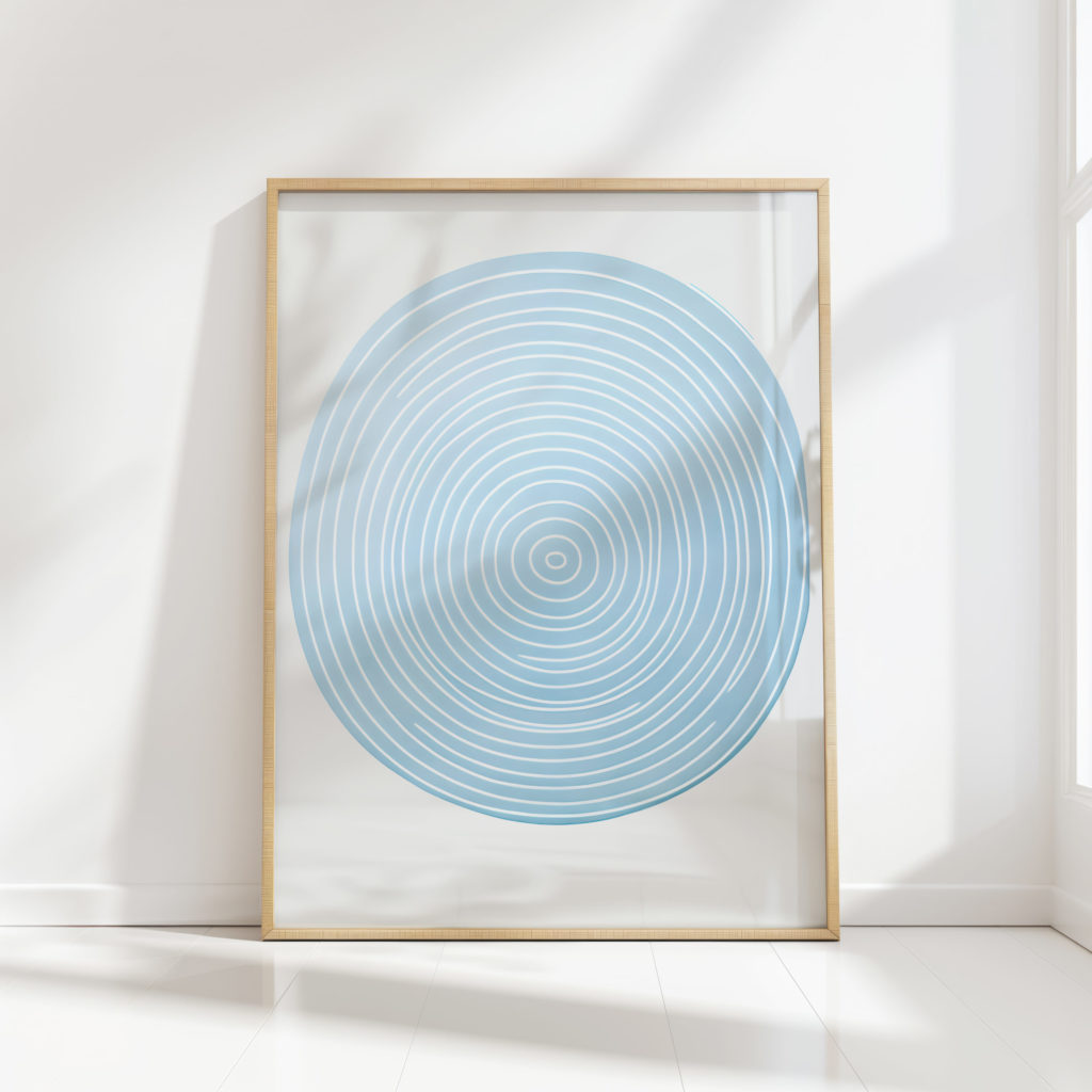 serene blue circular abstract art print for home decor