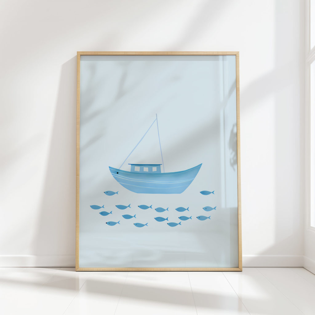 serene blue sailboat fish art print for decor
