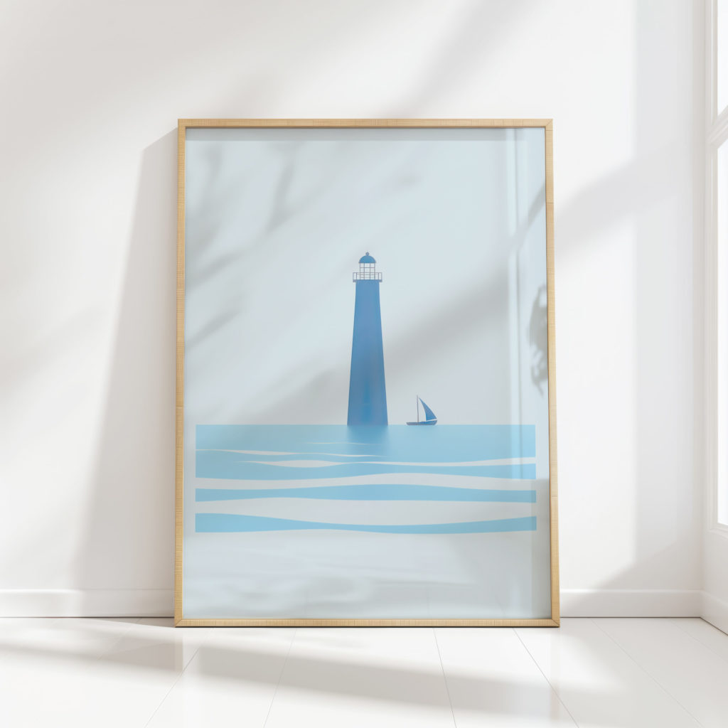 serene lighthouse sailboat nautical art print