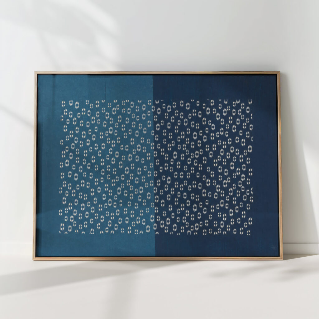sheet with light and dark blue halves with a spared hexagonal motif 1974 1984 unknown high quality print