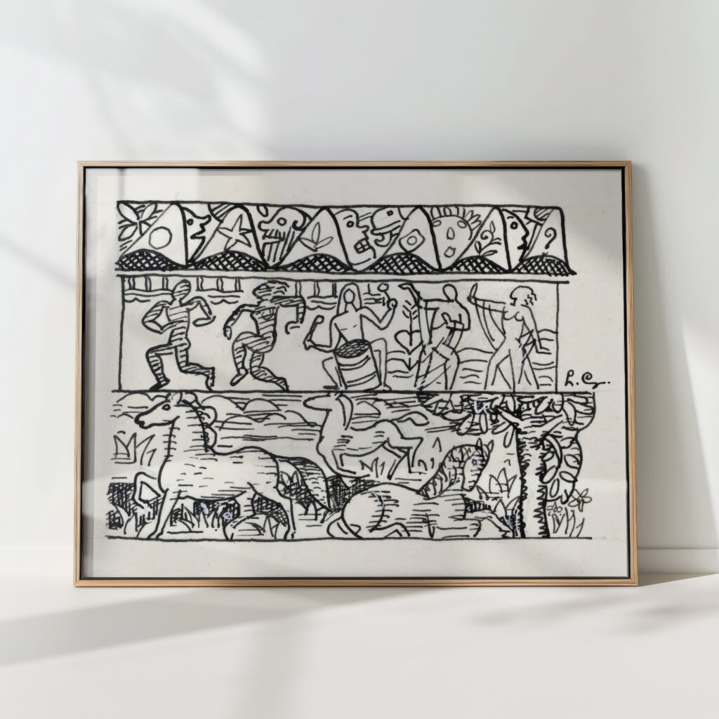 sheet with three strips of images horses dancing people and masks 1891 leo gestel high quality print