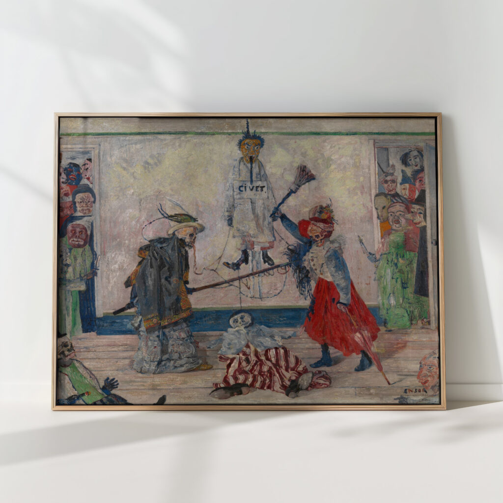 skeletons fighting over the body of a hanged man 1891 james ensor high quality print