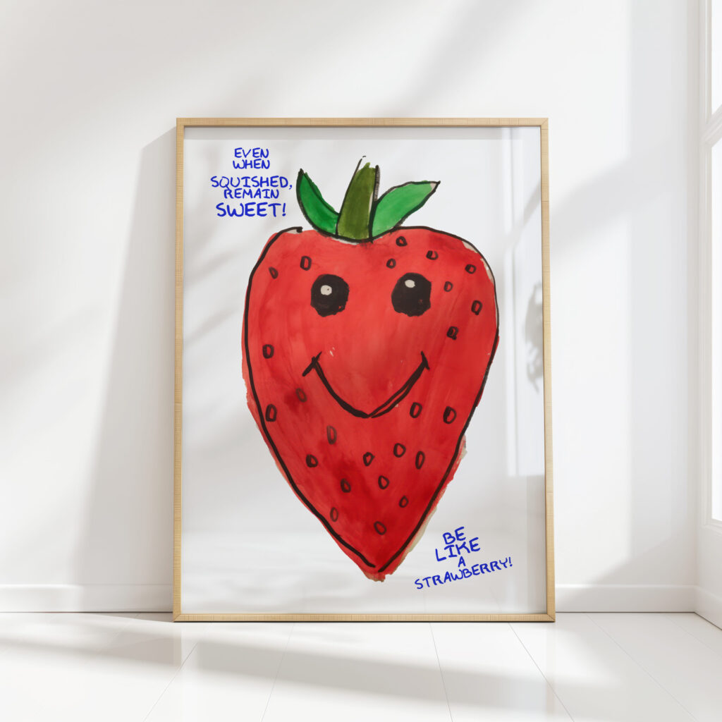 smiling strawberry inspirational art print