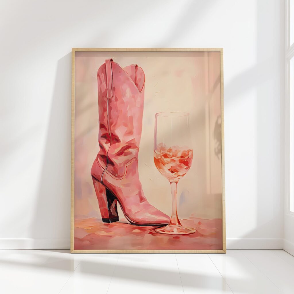 vibrant pink cowboy boots wine glass art print