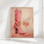 vibrant pink cowboy boots wine glass art print