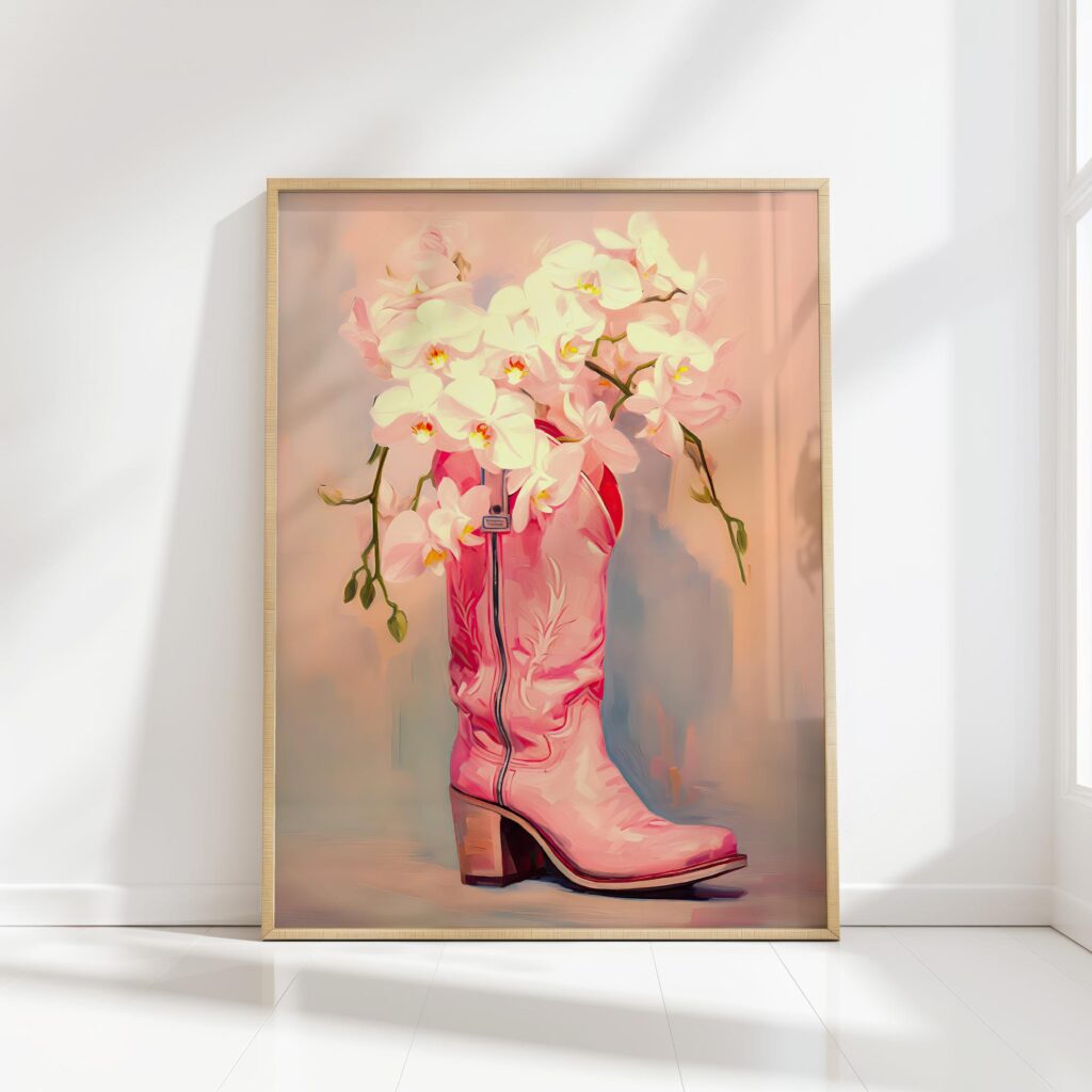 white orchids in pink boot artistic print for home decor