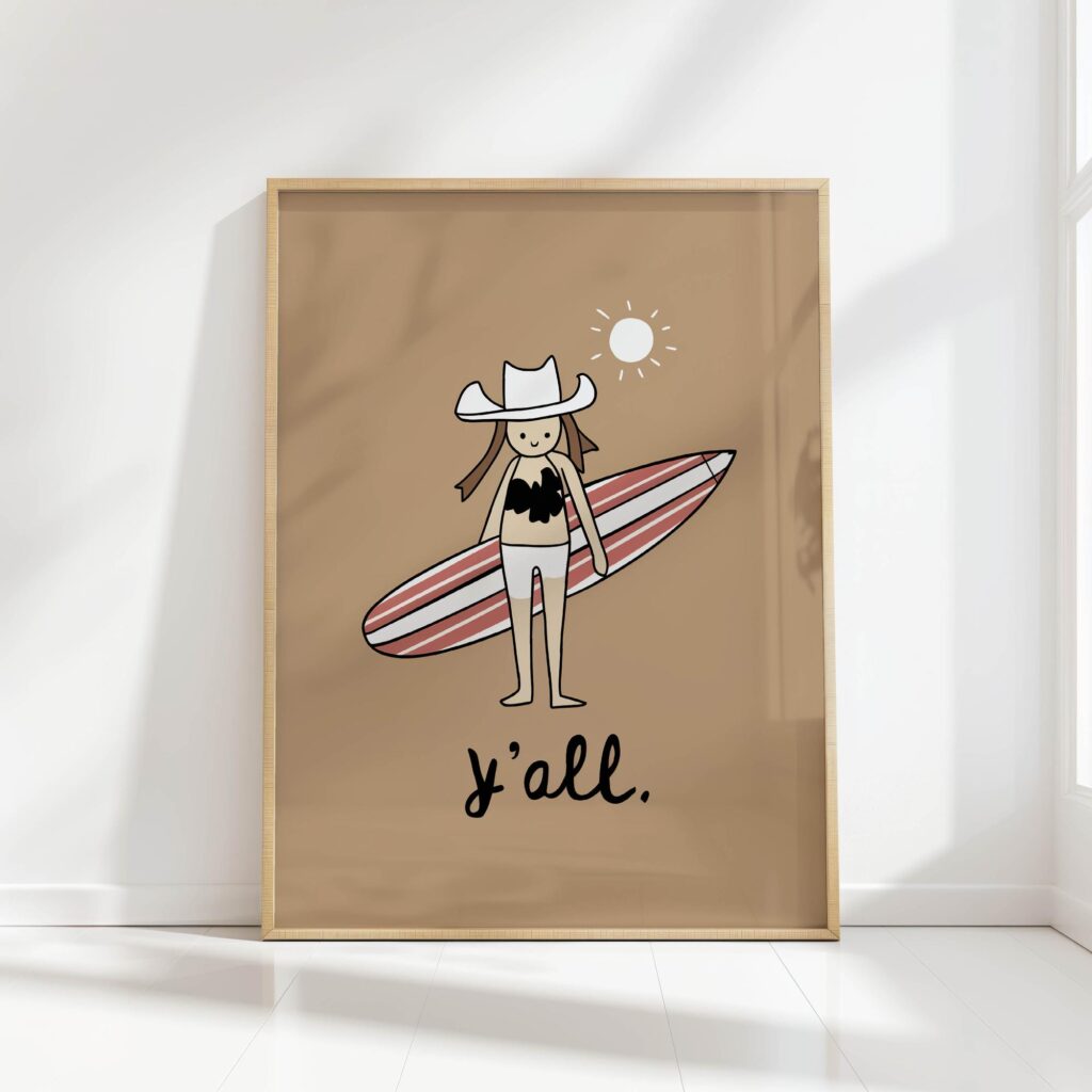 y all surfing cowgirl print minimalist poster