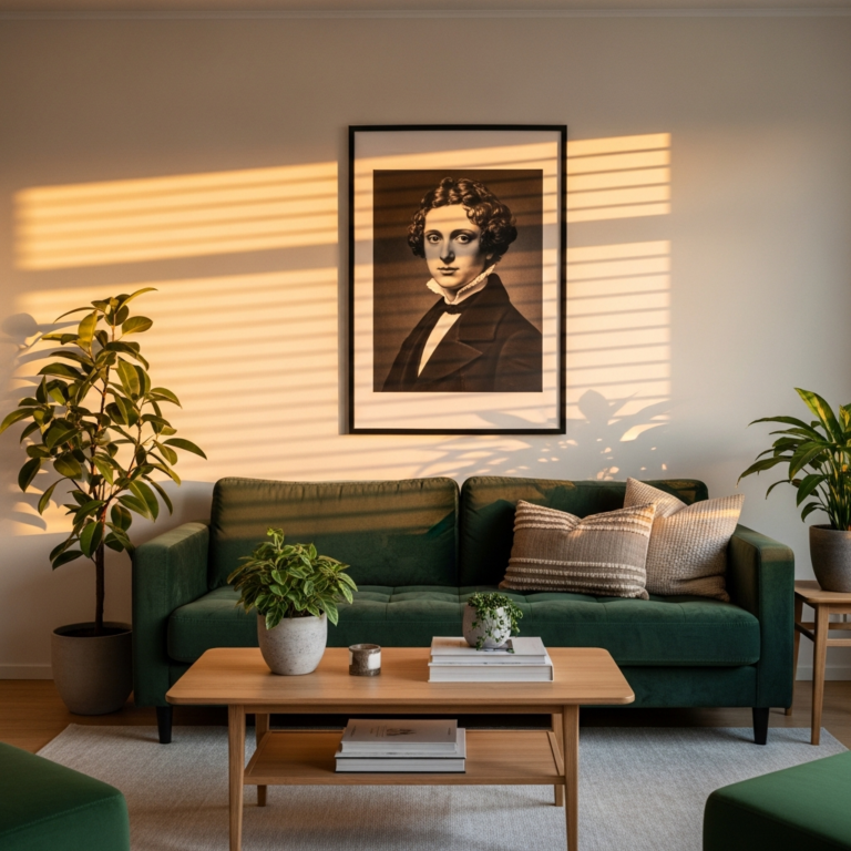 Modern living room with large portrait wall art above sofa