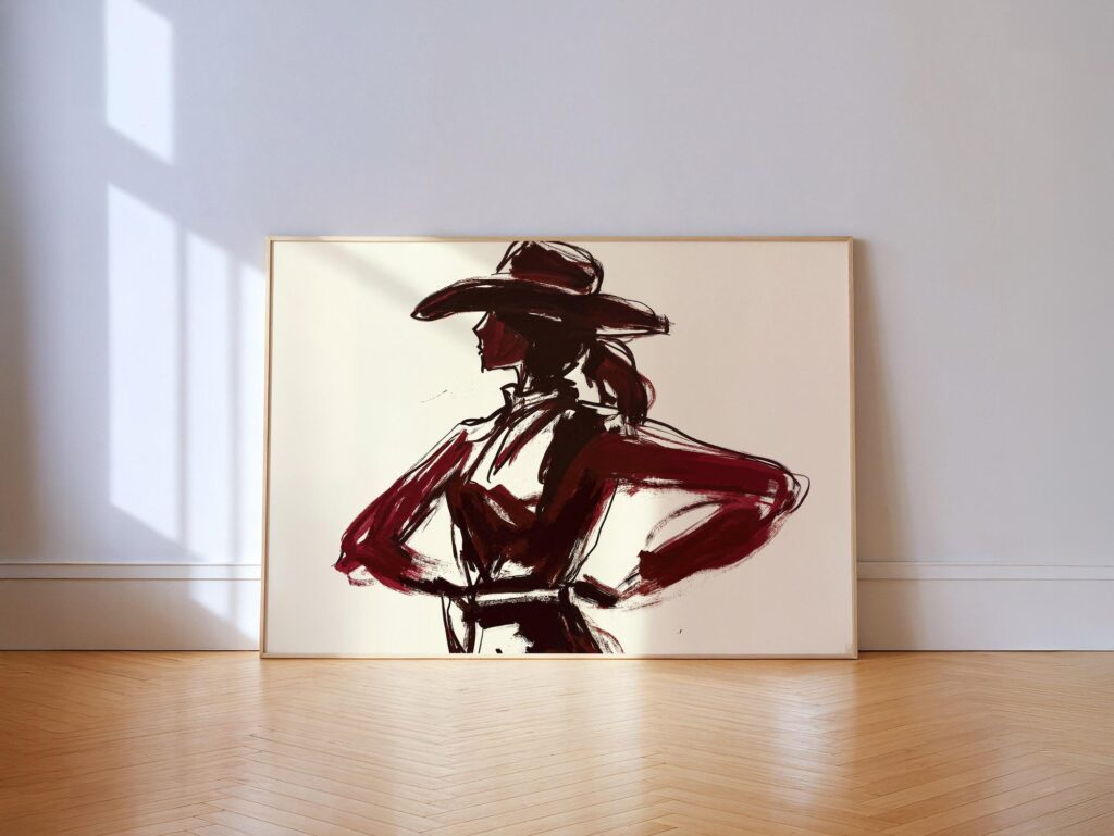 Abstract Cowgirl Silhouette Art Print - Burgundy Western Woman Poster - Modern Ranch Wall Decor Abstract Cowgirl Silhouette Art Print