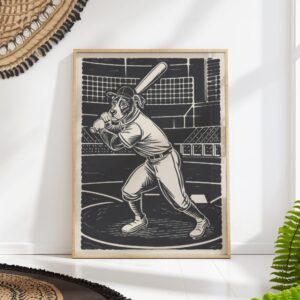 Baseball Dog Whimsical Black Art Print