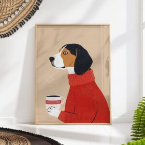 Beagle Dog Drinking Coffee Retro Illustration Art Print