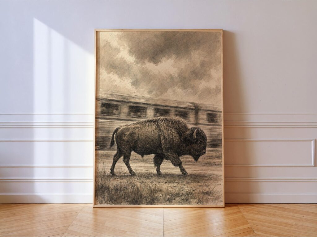 Bison Walking Past a Passing Train, Sepia Vintage Western Wall Art Bison Walking Past a Passing Train Print