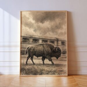 Bison Walking Past a Passing Train Print