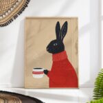 Black Bunny Drinking Coffee Print