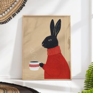 Black Bunny Drinking Coffee Print