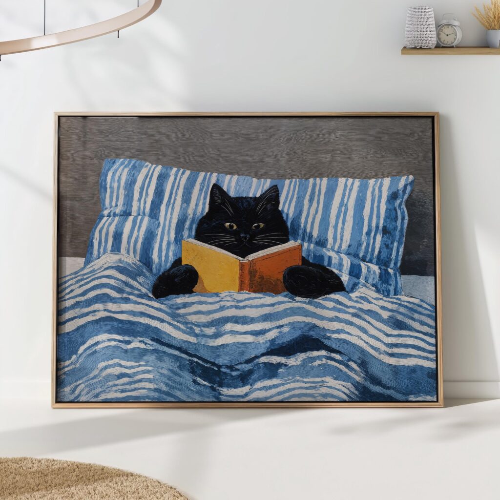 Black Cat Bed Reading Print Black Cat Bed Reading Print