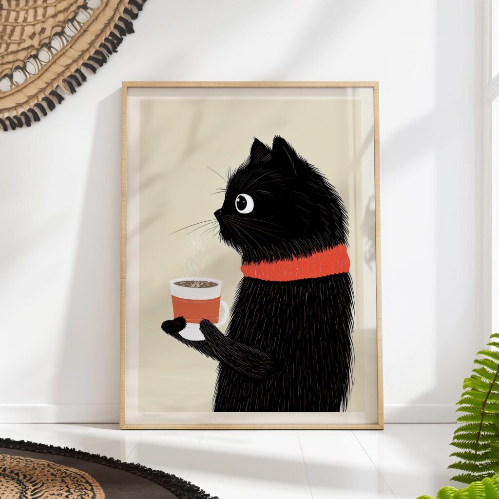 Black Cat Coffee Cozy Scarf Art Print