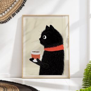 Black Cat Coffee Cozy Scarf Art Print