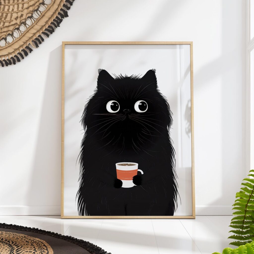 Black Cat Coffee Furry Illustration Art Print Black Cat Coffee Furry Illustration Art Print