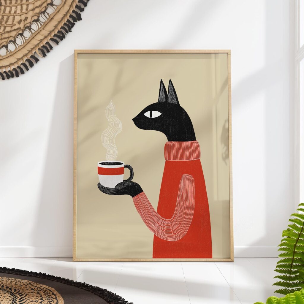 Black Cat Coffee Kitchen Art Print