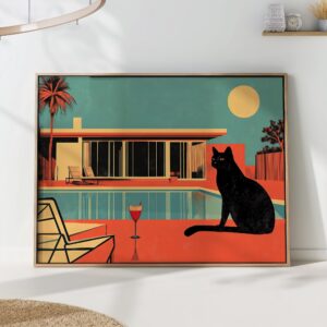 black cat pool cocktail art print