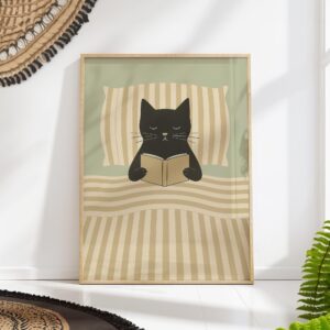 Black Cat Reading in Bed Print