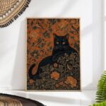 Black Cat with Birds on William Morris Floral Print