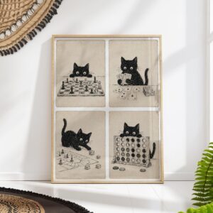Black Cats Playing Board Games Print