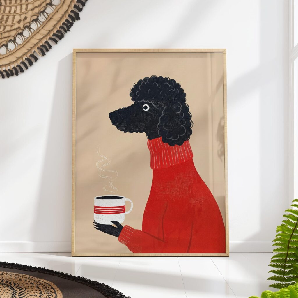 Black Poodle Dog Coffee Mid Century Art Print Black Poodle Dog Coffee Mid Century Art Print