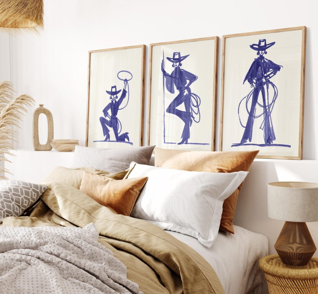 Blue Cowgirl Poster Set of 3, Western Brush Line Art Blue Cowgirl Poster Set of 3