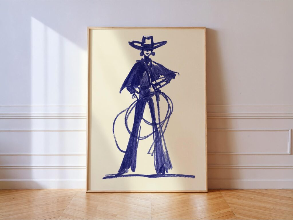 Blue Cowgirl Sketch Print Minimal Western Wall Art Blue Cowgirl Sketch Print