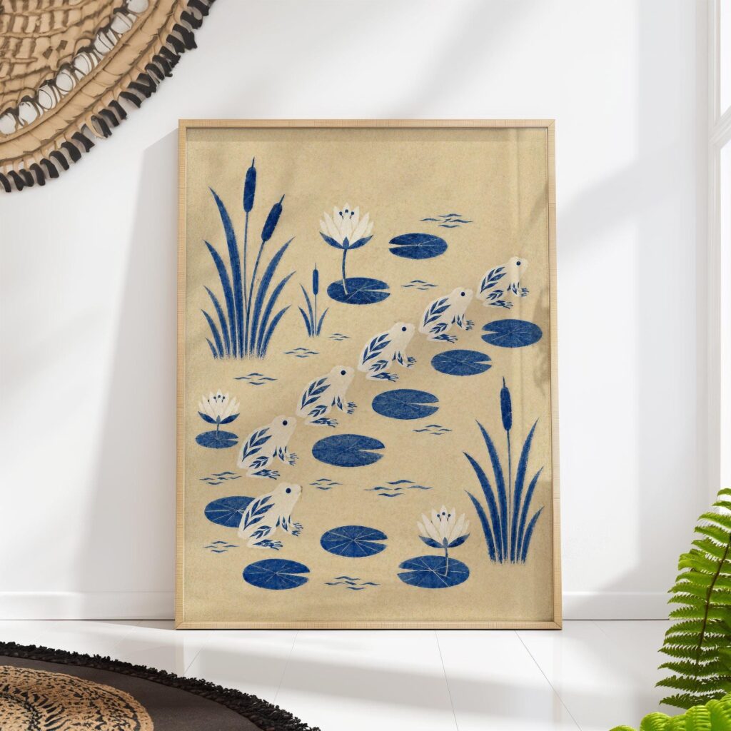 Blue Frogs Leaping Across a Lily Pond Print
