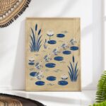 Blue Frogs Leaping Across a Lily Pond Print