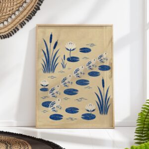 Blue Frogs Leaping Across a Lily Pond Print