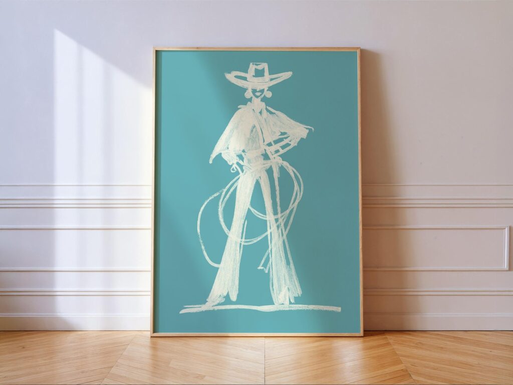 Blue White Cowgirl Poster, Girl Power Print Blue White Cowgirl Poster