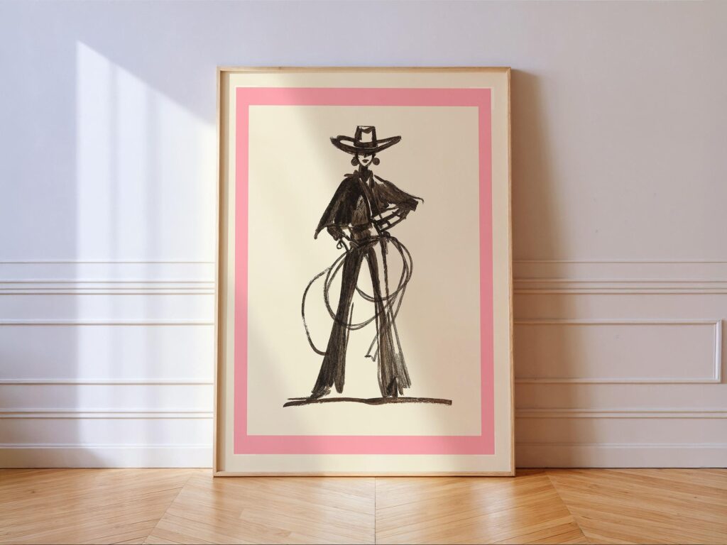 Boho Cowgirl Print: Minimal Western Wall Art Decor with Pink Border Boho Cowgirl Print