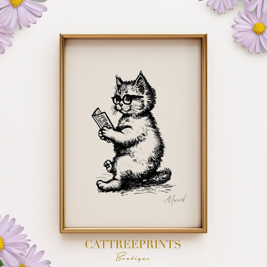 Book Lover Gift Bookworm Cat Print