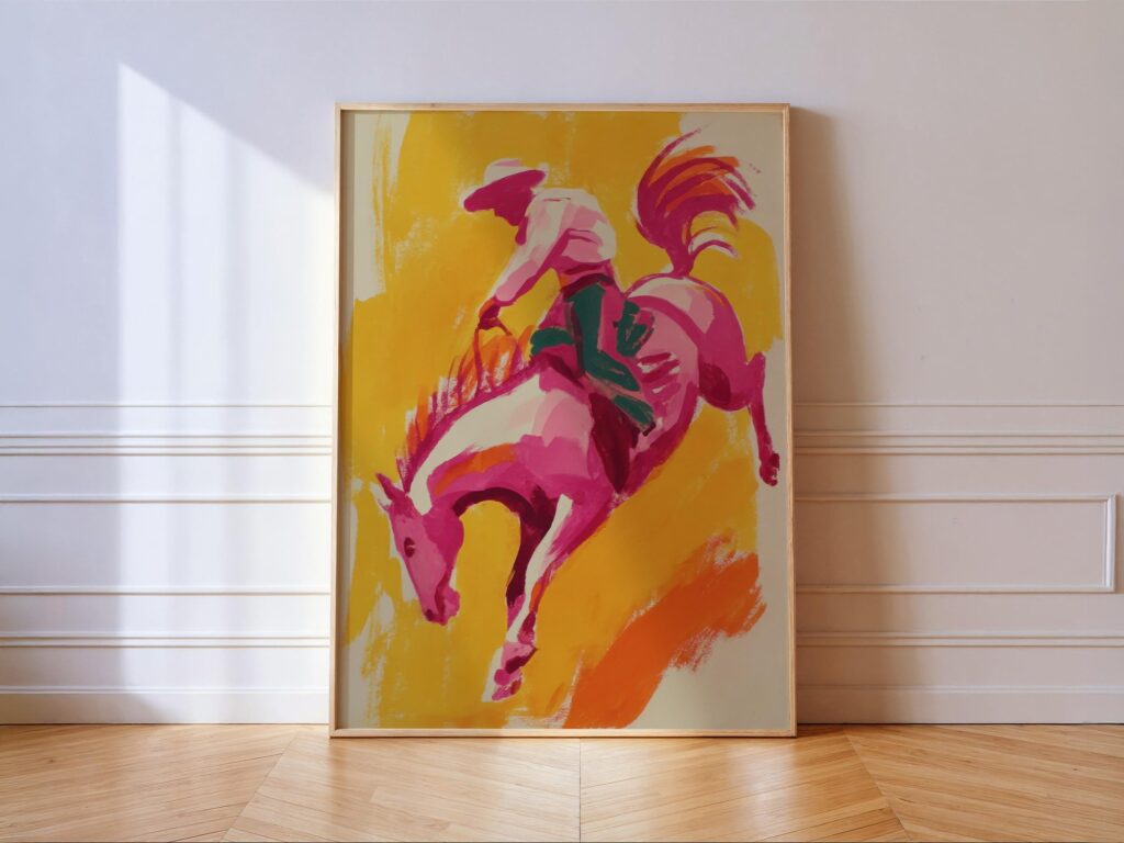 Bucking Bronco Art Print - Bold Pink Western Cowboy Wall Decor Bucking Bronco Art Print